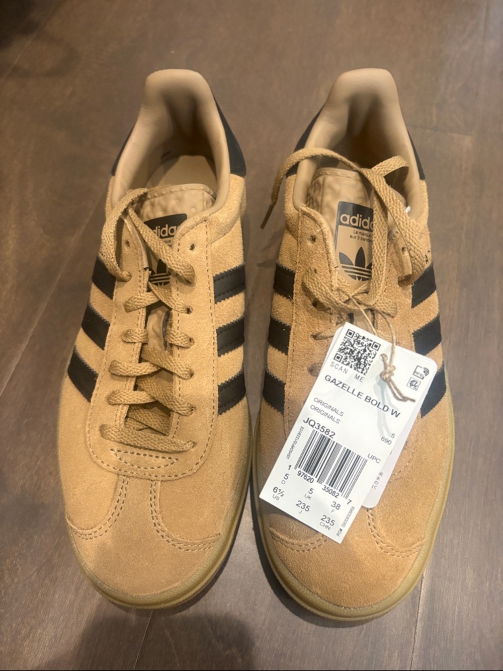 adidas Gazelle Bold W Tan Suede Sneakers with Black Stripes